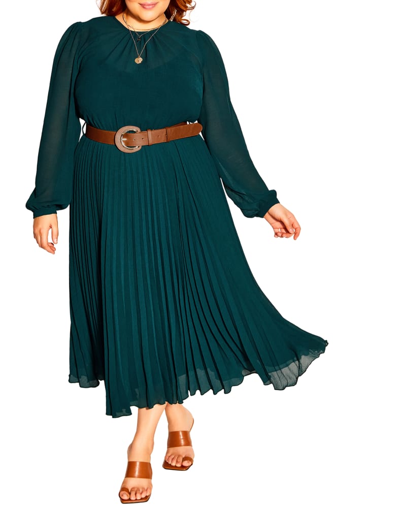 Front of a model wearing a size S Kimberly Love Pleat Dress in Jade by City Chic. | dia_product_style_image_id:298651
